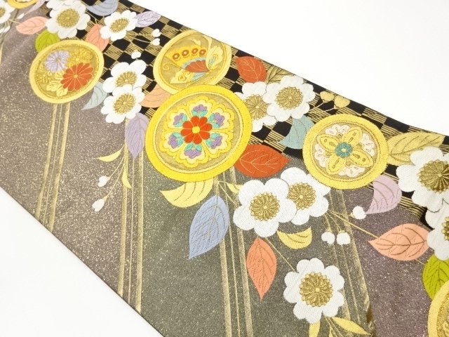 JAPANESE KIMONO / FUKURO OBI / WOVEN FLORAL CREST & FLOWER